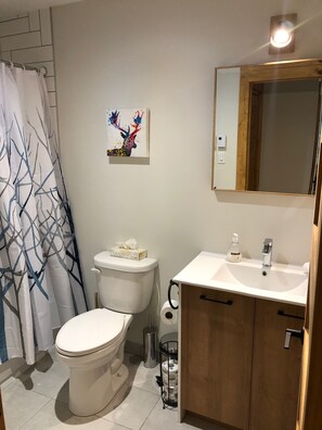 Un baño con inodoro, lavamanos, espejo y cortina de ducha.