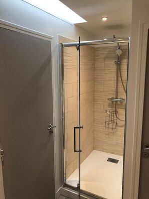 Regadera, secadora de cabello, papel de baño 