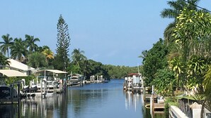 Un canale con imbarcazioni ormeggiate su entrambe le rive, circondato da vegetazione e palme.