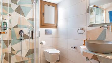 A modern bathroom with a glass shower enclosure, a white toilet, and a large vessel sink.