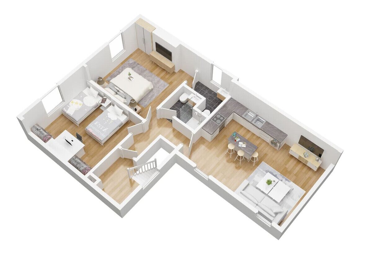 A 3D floor plan of a modern apartment with a living room, kitchen, two bedrooms, a bathroom, and a staircase.