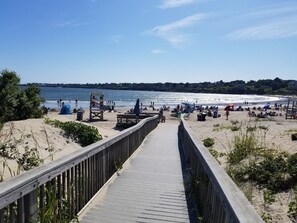 A wooden boardwalk leading to a sandy beach with umbrellas and people.