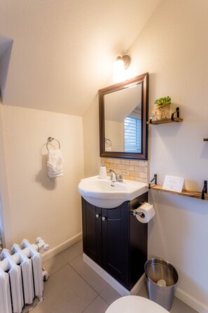 Sèche-cheveux, savon, shampoing, papier toilette