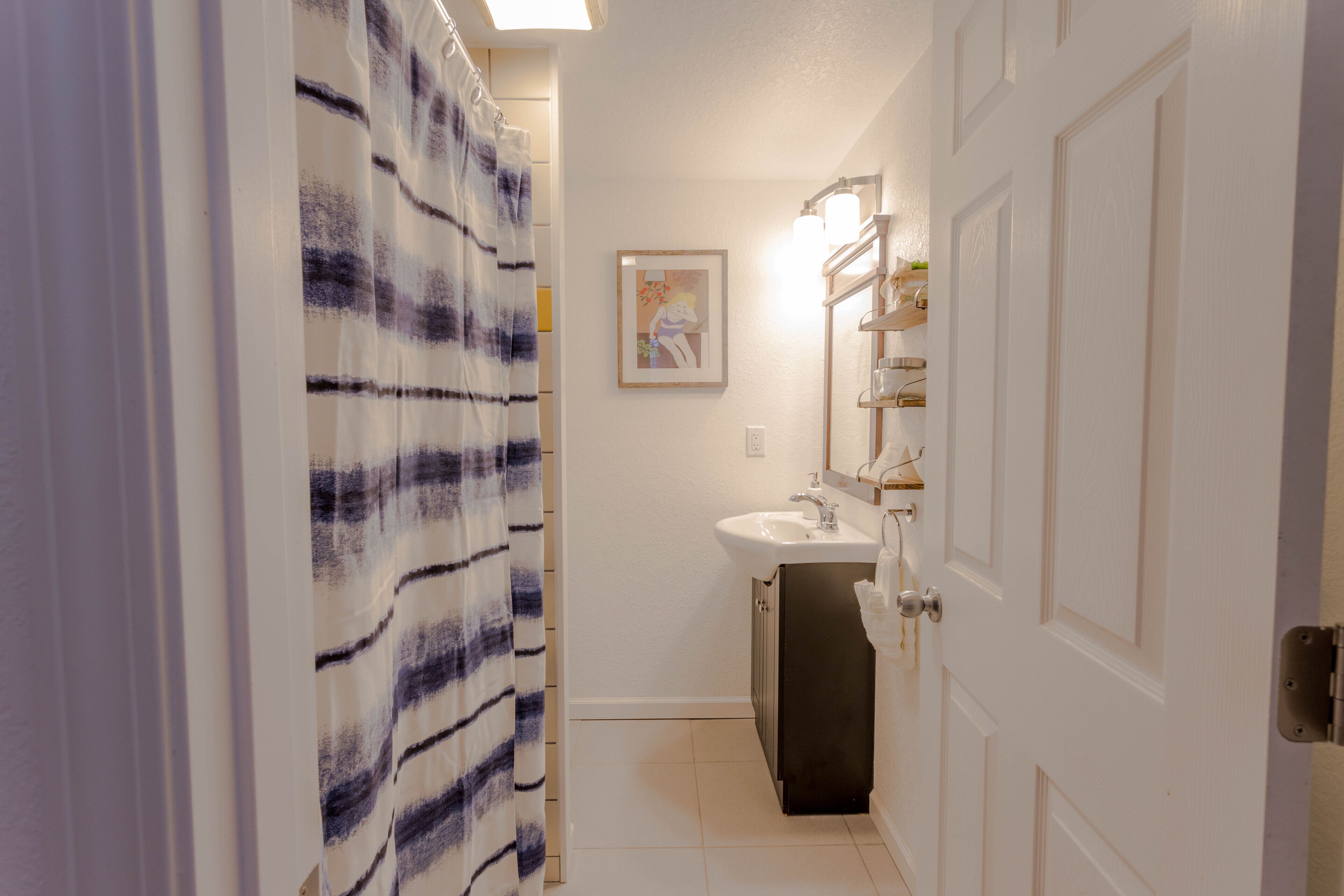 Hair dryer, towels, soap, shampoo