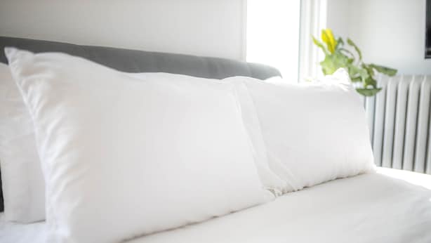 Cama bem arrumada com roupa de cama e almofadas brancas, cabeceira cinza e um vaso com planta ao lado.