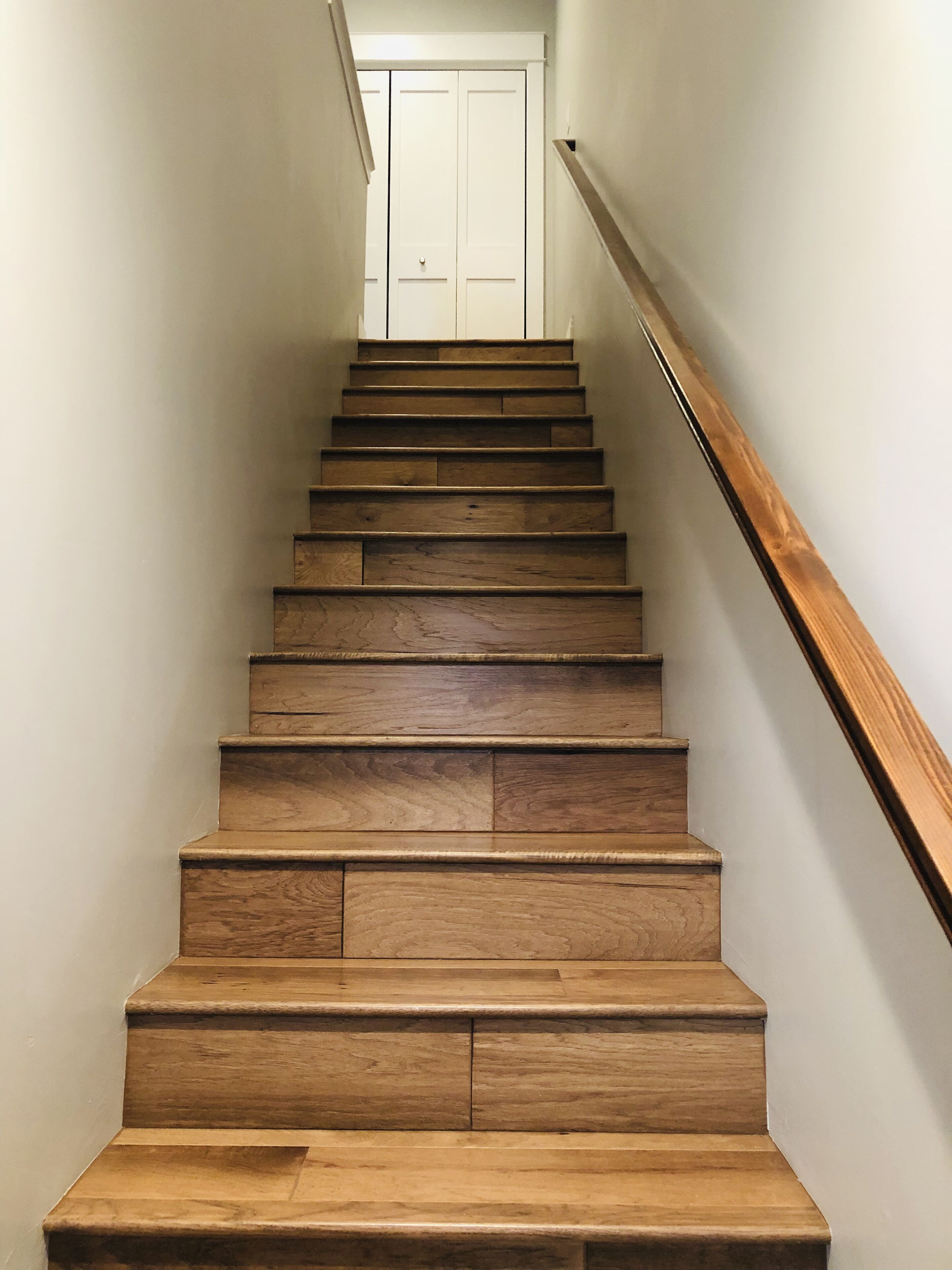 A wooden staircase with a handrail leading to a white door at the top.
