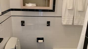 Hair dryer, towels, soap, shampoo