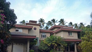 A two-story house with a covered driveway and a front yard with palm trees.