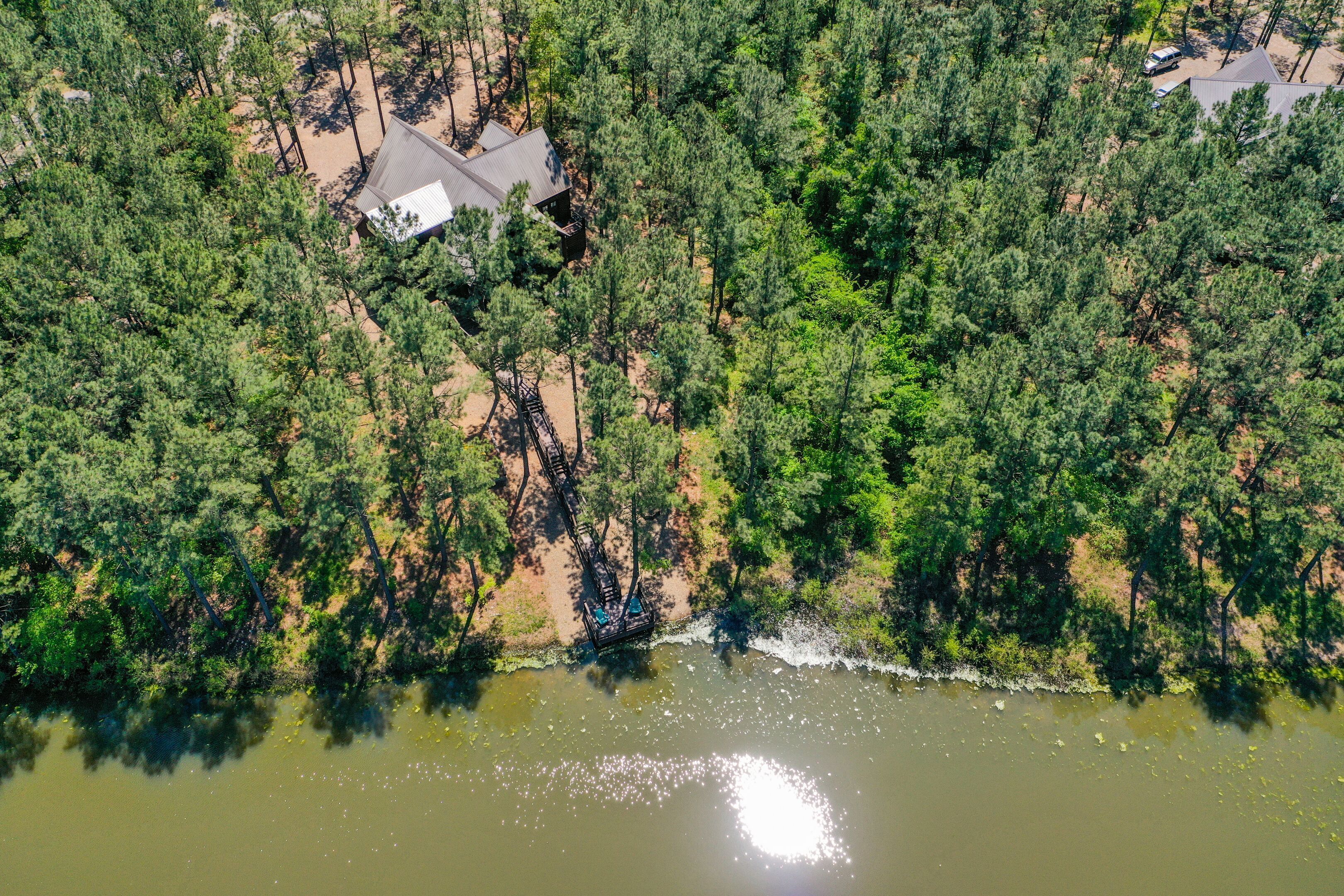 An aerial view of a forested area with a house and a dock extending into a lake.