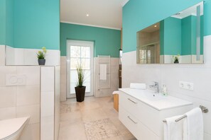 Shower, hair dryer, soap, toilet paper