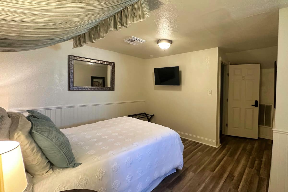 Une chambre à coucher avec un lit, une chaise, une télévision et une porte.