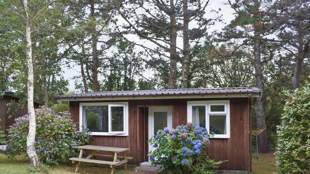 A small wooden cabin with two windows, a door, and a picnic table in front. - 2 bedroom accommodation in Mount Hawke, near Redruth (Mount Hawke, near Redruth)