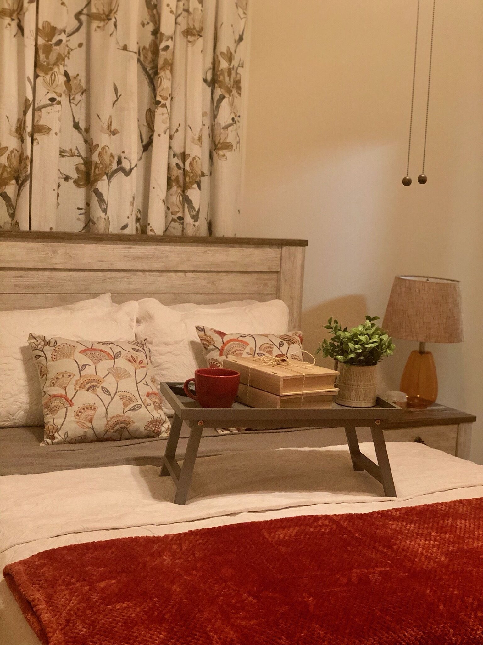 A bedroom with a bed, pillows, a bedside table with a lamp, a tray with a mug and a plant, and a red throw blanket.