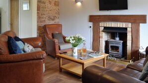 Una sala de estar con pared de piedra, muebles de cuero, chimenea y televisor de pantalla plana.