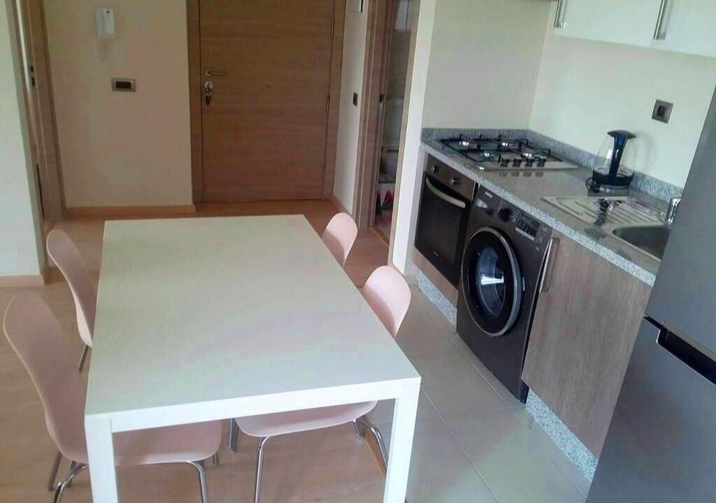 A compact kitchen with a gas stove, washing machine, and a refrigerator.