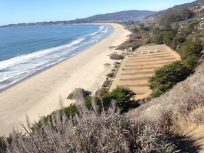 A coastal landscape with a sandy beach, a clear blue ocean, and a hilly backdrop with vegetation. - Cute & Colourful Oceanside Cottage w Garden (Stinson Beach)