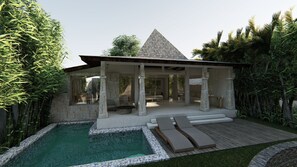 A modern outdoor pool area with a covered seating area, stone pillars, and a stone roof. - 7 Chakras Resort (Kerobokan)