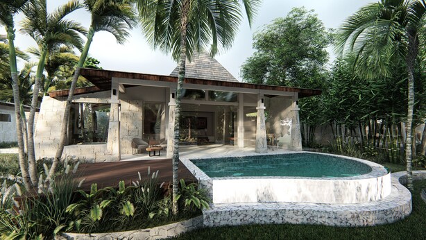 Ein modernes Haus mit Swimmingpool, Steinsäulen und tropischer Bepflanzung.