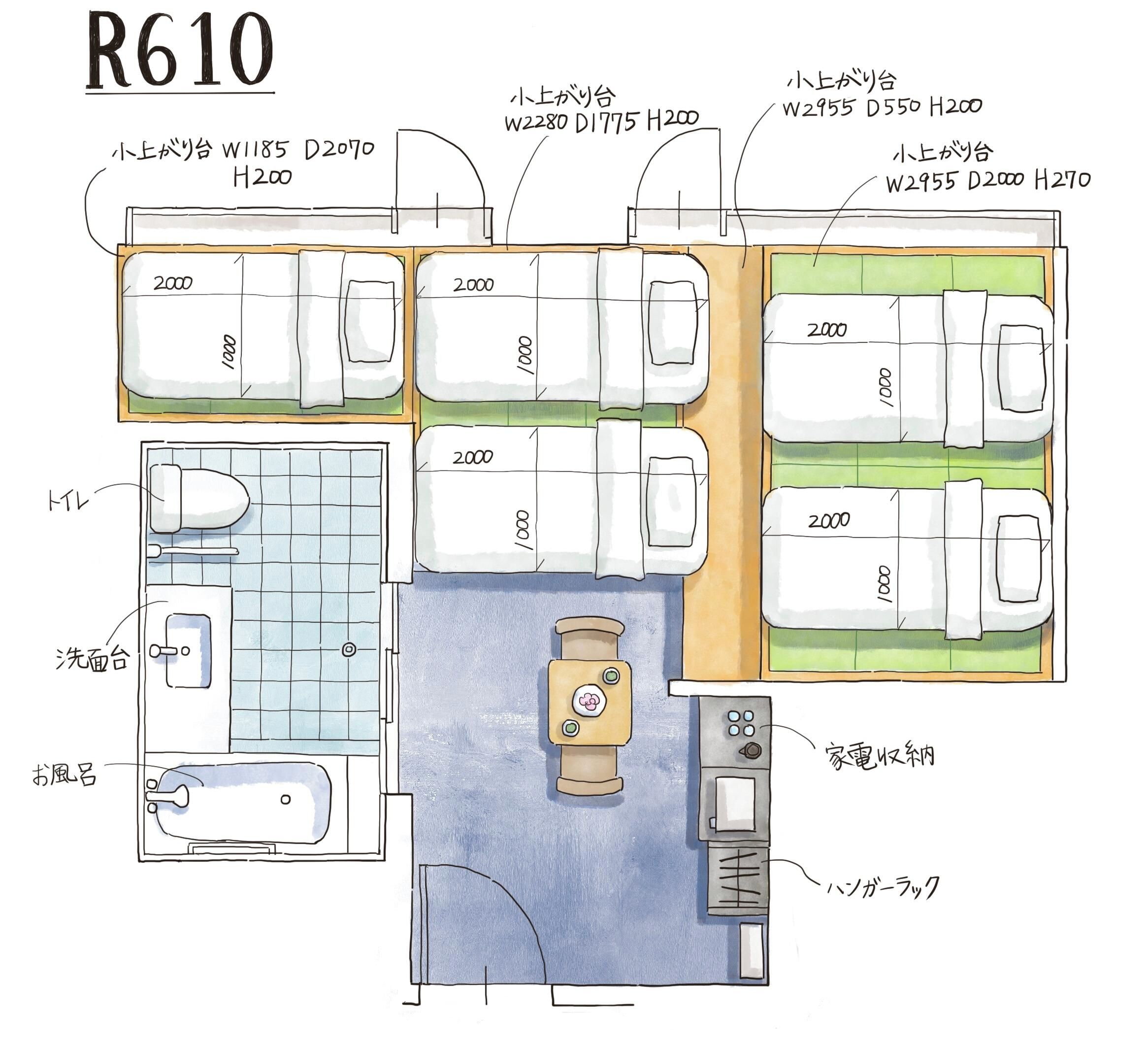 A floor plan of a hotel room labeled R610, featuring a bathroom, a living area, and three bedrooms with varying sizes.