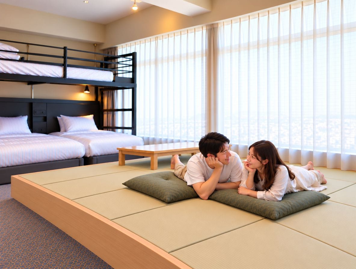 A room with bunk beds, tatami flooring, and a view through large windows.