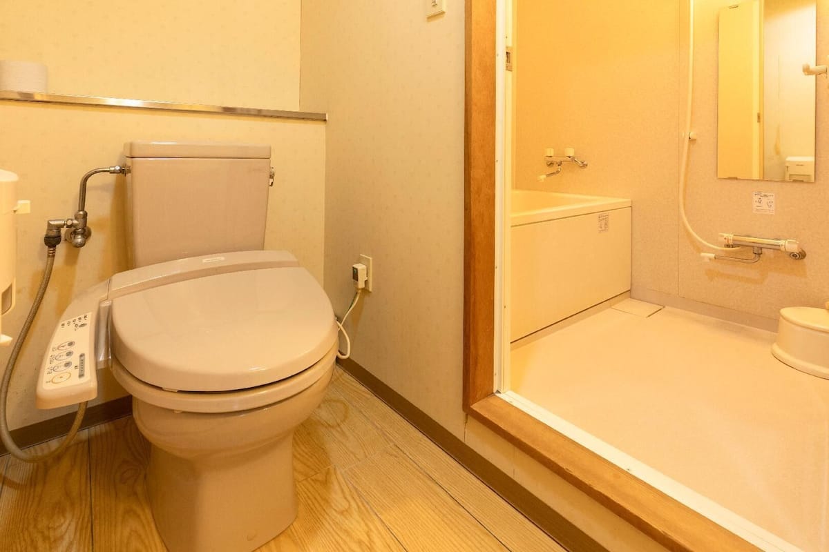 A bathroom with a toilet, bidet, and a shower area.