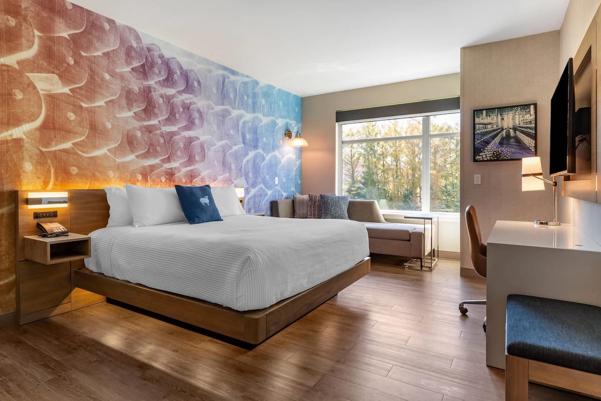 A modern hotel room with a large bed, a desk, a chair, and a view of the outdoors.