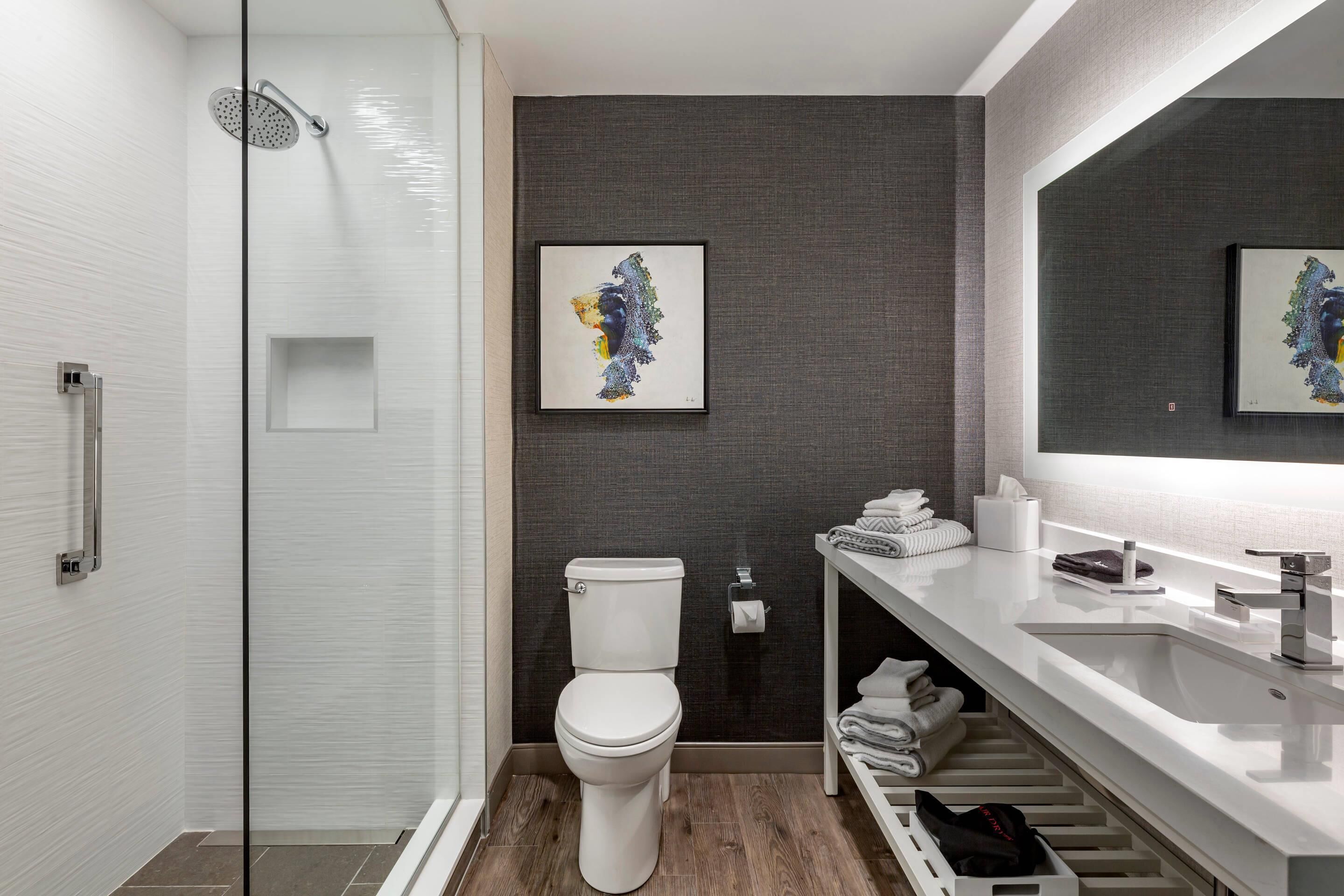 A modern bathroom with a glass shower enclosure, a white toilet, a large mirror, and a white sink.
