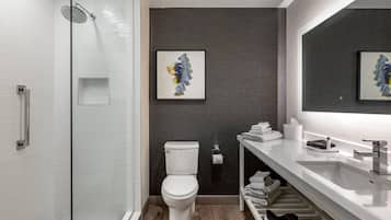 A modern bathroom with a glass shower enclosure, a white toilet, a large mirror, and a white sink.