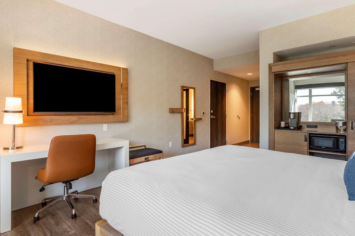 A hotel room with a large bed, a desk with a chair, a television, a microwave, and a small kitchenette.
