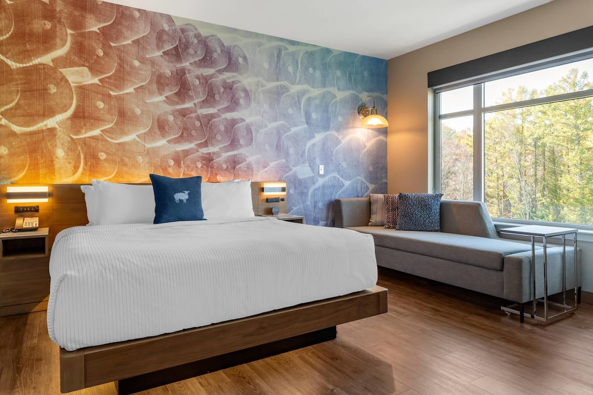 A modern hotel room with a large bed, a sofa, a wall mural, and a window with a view of trees.