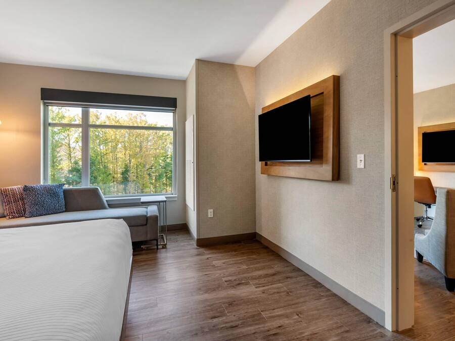 Quarto de hotel moderno com uma janela grande, uma TV de tela plana na parede, um sofá com almofadas estampadas e uma mesa de trabalho com cadeira.