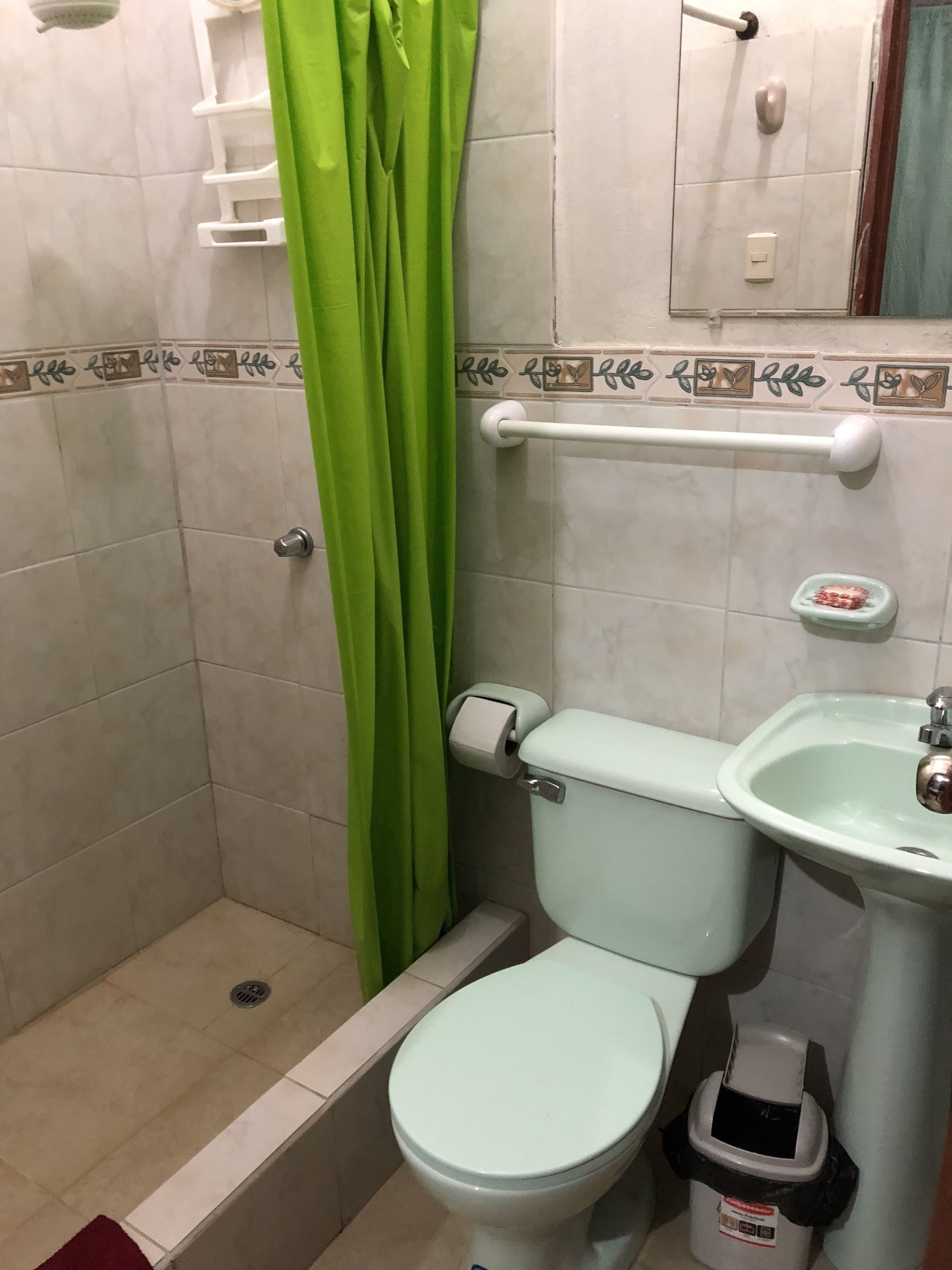 Une salle de bain comprenant des toilettes, un lavabo et un espace douche.