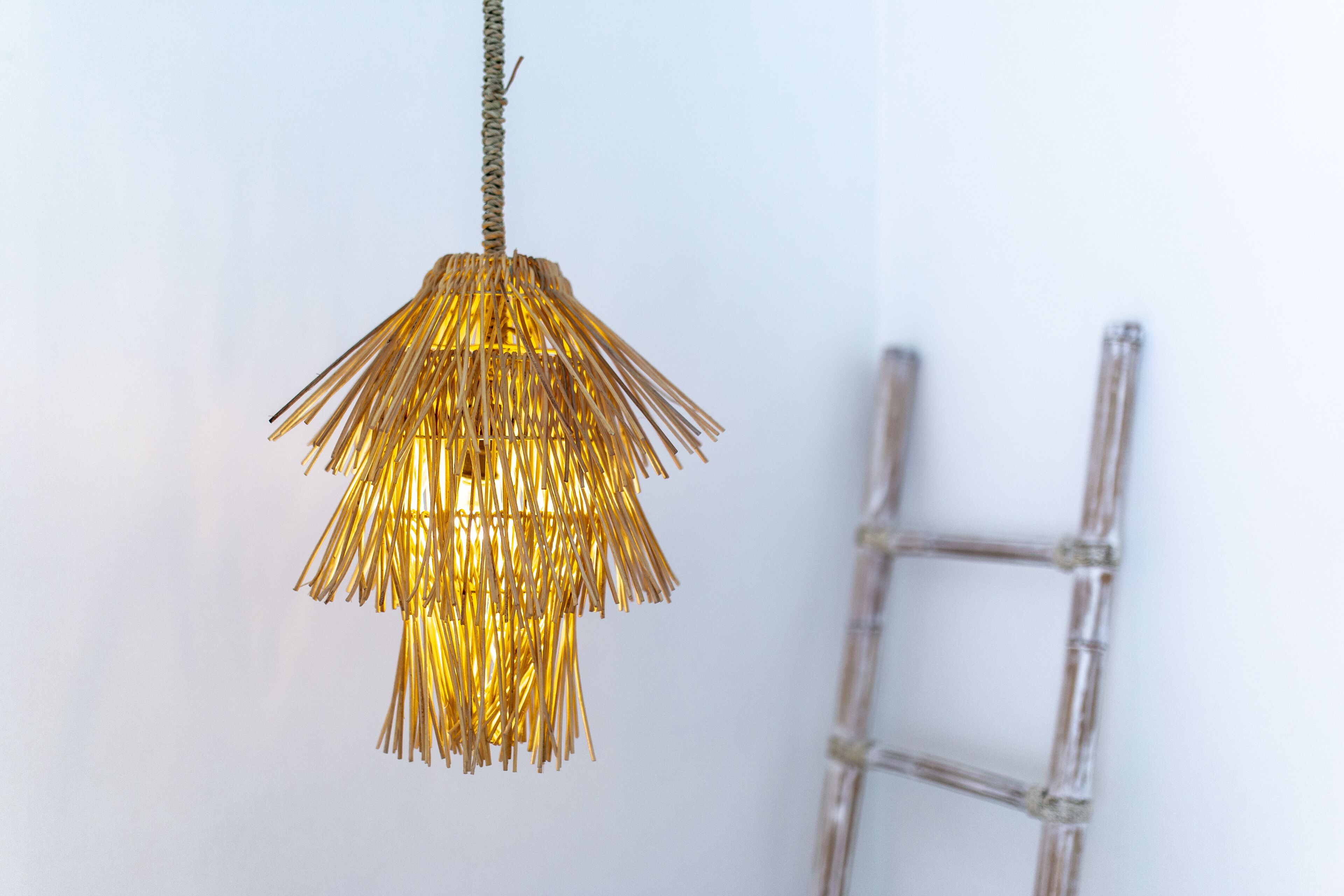 A hanging light fixture with a golden, fringed design.