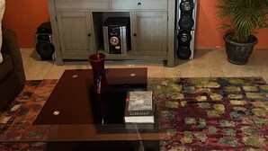 Ein Wohnzimmer mit Wand-Fernseher, einer Holzkommode mit Radio, einer Zimmerpflanze und einem Couchtisch mit Büchern.