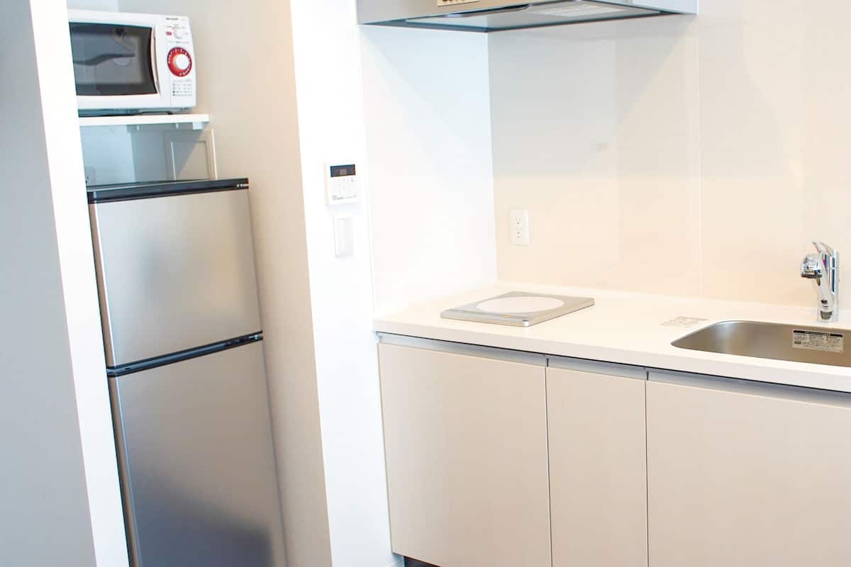 full-sized fridge, microwave, stovetop, electric kettle