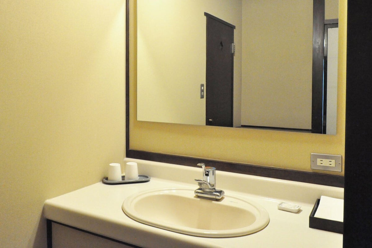 Une salle de bain équipée d’un lavabo, d’un miroir et d’articles de toilette.