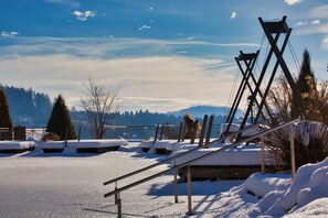A snowy landscape with a metal structure, possibly a ski lift, and a clear sky. - TURM-SUITE deluxe - 5* Wellness- & Sporthotel Jagdhof (Röhrnbach)