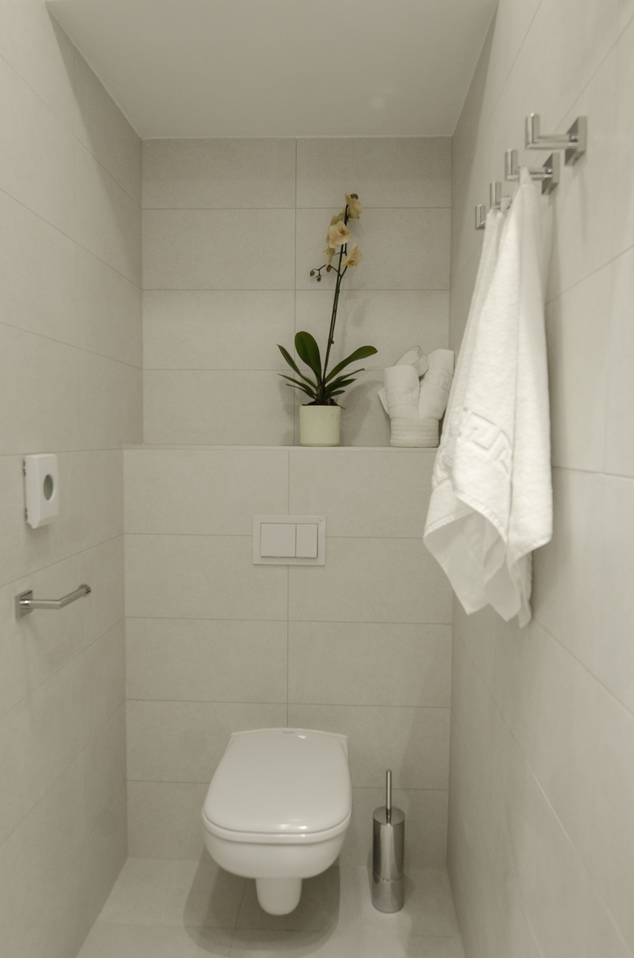 Un baño pequeño y moderno con inodoro, secamanos, toallero y una planta en maceta.