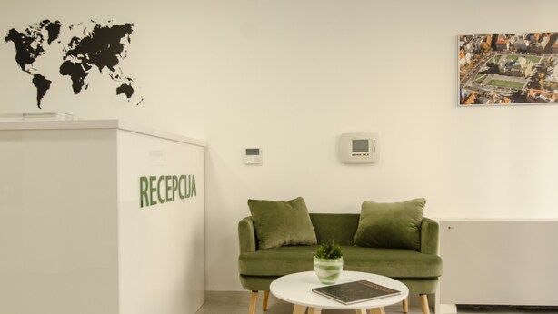 Ein Empfangsbereich mit einem grünen Sofa, einem kleinen Tisch mit einer Pflanze und einer Weltkarte an der Wand.