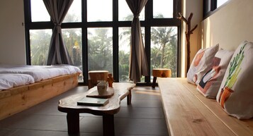 Desk, blackout drapes, bed sheets