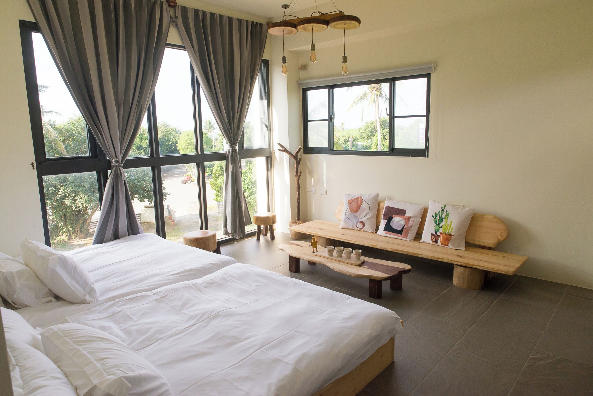 Desk, blackout curtains, bed sheets