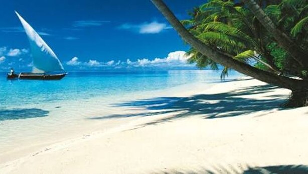 A beach with a boat and palm trees. - Belle Ocean View Apartments (Mombasa)