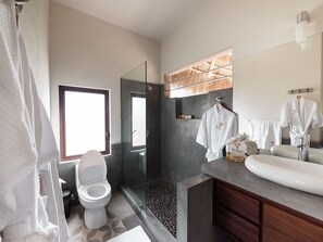 Regadera, secadora de cabello, toallas, jabón 