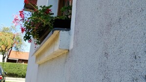 A building with a window and a planter box with red flowers. - Pension Karolingerweg (Lauterhofen)