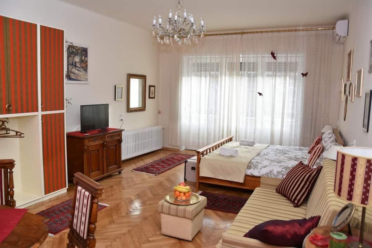 Ein gut beleuchteter Raum mit einem Bett, einer Couch, einem Fernseher und einer Deckenleuchte.