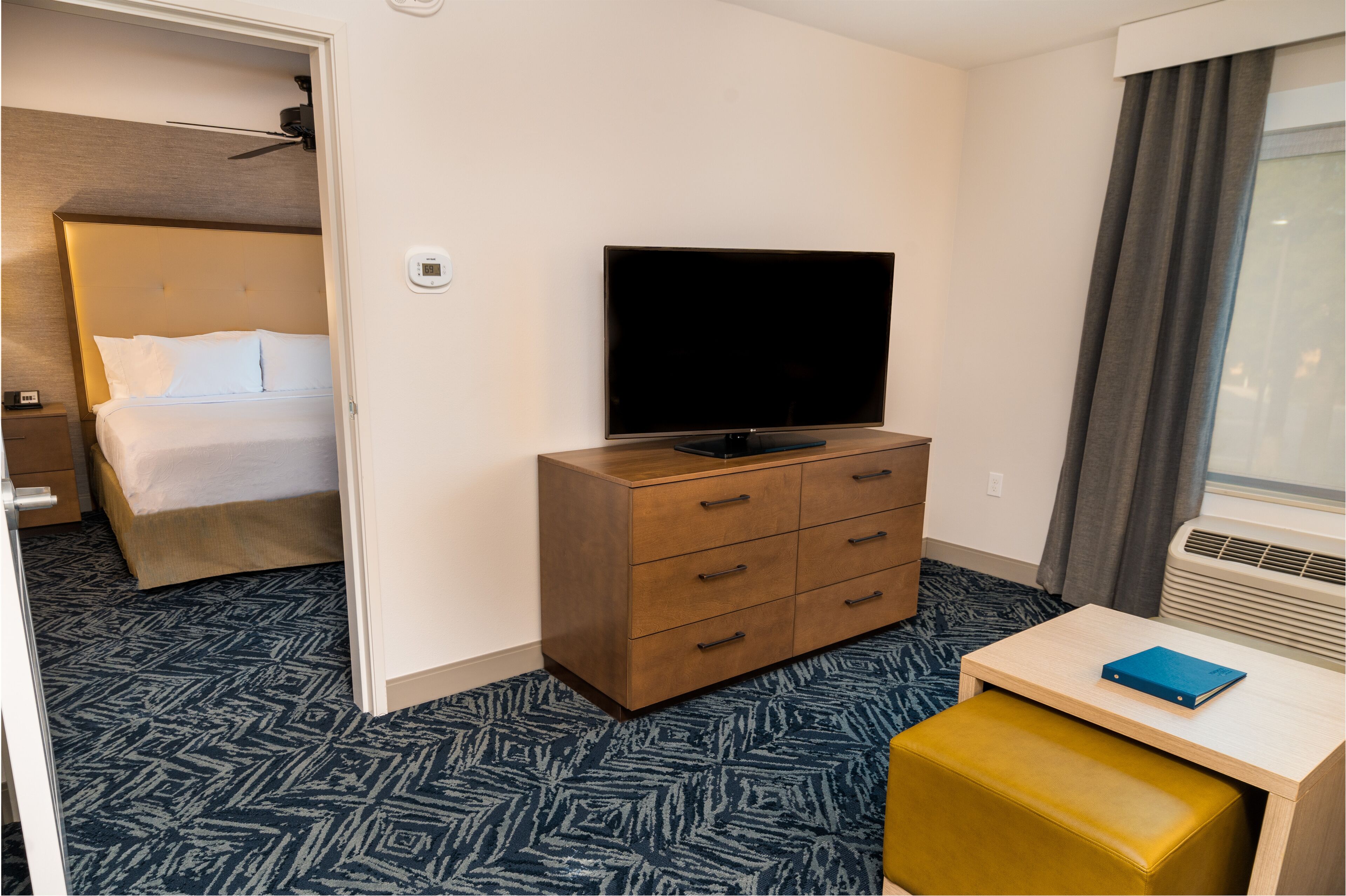 blackout curtains, iron/ironing board, bed sheets