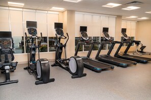 Een sportschool met diverse cardioapparaten, waaronder loopbanden en elliptische trainers, in een ruime kamer met grote ramen.