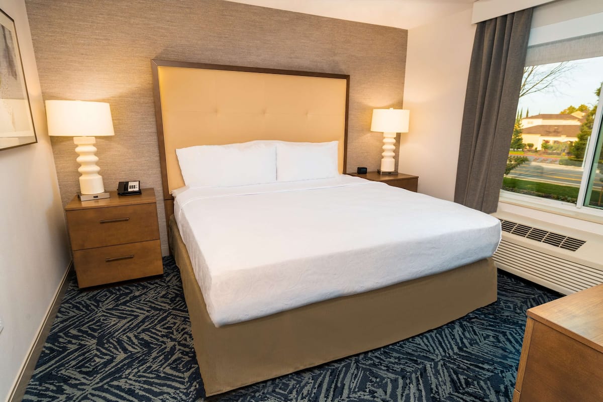 Een hotelkamer met een groot bed, twee nachtkastjes met lampen, een raam met gordijnen en een kamerbreed tapijt met een patroon.