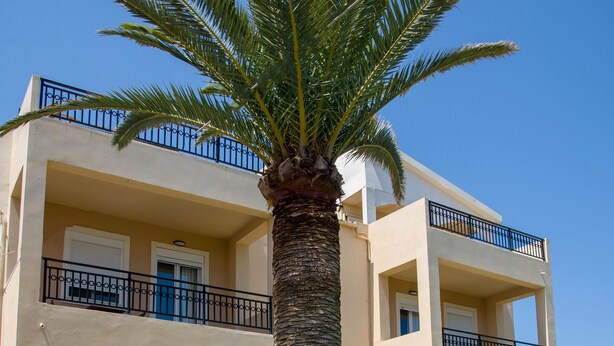 A two-story building with balconies, a palm tree, and a paved walkway. - Gianthea Studios and Apt (Chania)