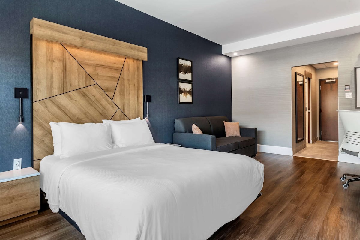 A modern hotel room with a large bed, a sofa, a wooden accent wall, and a desk with a chair.